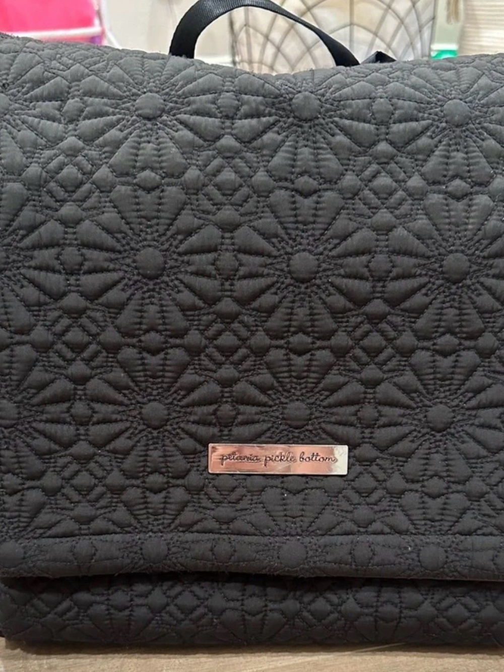 Black Petunia Pickle Bottom Black Quilted Floral-Pattern Diaper/Baby Bag